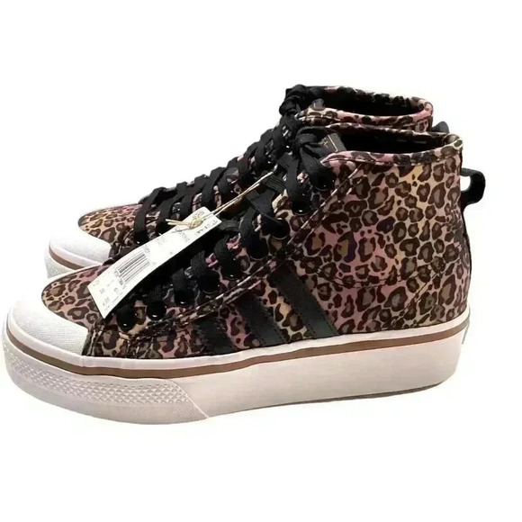 Adidas Sneakers Womens 8.5 Brown Black Nizza Plaform Mid Leopard Skater NEW - Picture 7 of 10